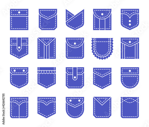 Flat pockets with flap and button closure. Different shapes of shirt and jean patch pockets. Casual garment. Line icon set. Vector illustration. Isolated objects