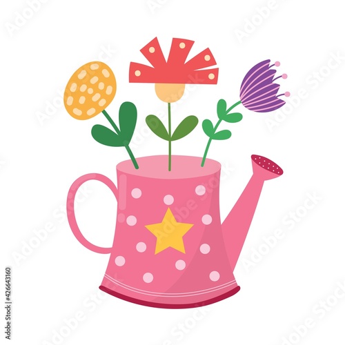 Pink watering can with flowers. Cute hand drawn beautiful flowerpot in cartoon style. Spring and summer floral isolated element. Great for springtime, gardening and farming design. Vector illustration © juliyas