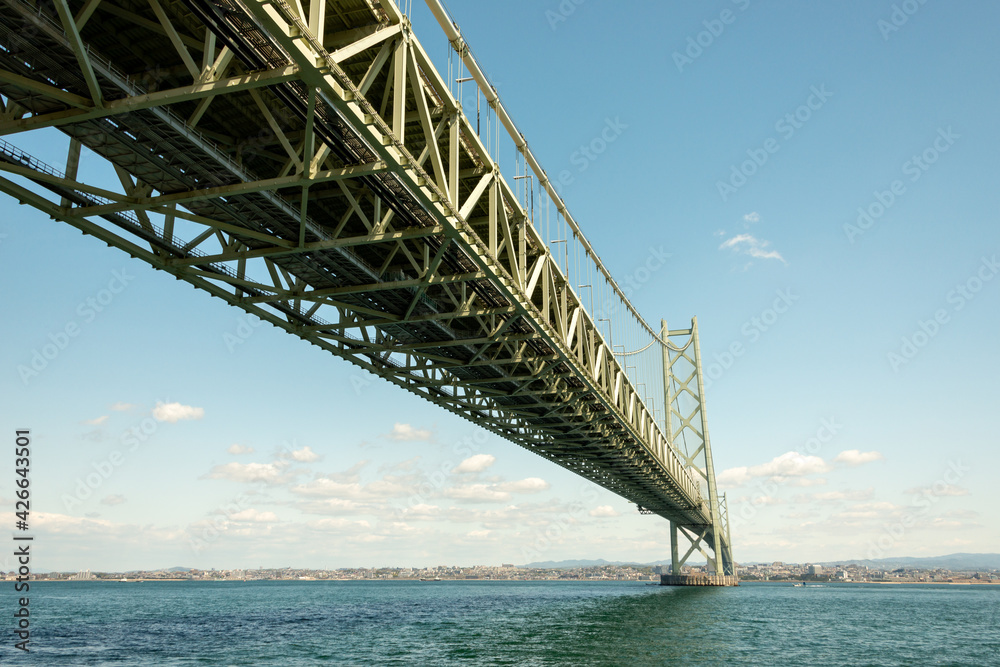View of Akashi-Kaikyo Bridge from Awaji island in Japan. View of Akashi-Kaikyo Bridge from Awaji island in Japan.