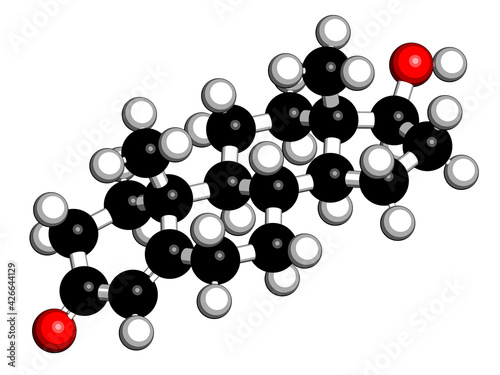 Testosterone male sex hormone (androgen) molecule. 3D rendering. Atoms are represented as spheres with conventional color coding