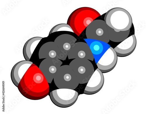 Paracetamol (acetaminophen) pain relief and fever reducing drug molecule. 3D rendering. Atoms are represented as spheres with conventional color coding