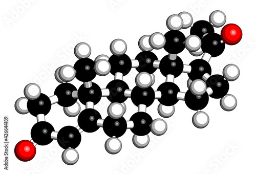 Progesterone female sex hormone molecule. Plays role in menstrual cycle and pregnancy. 3D rendering. Atoms are represented as spheres with conventional color coding