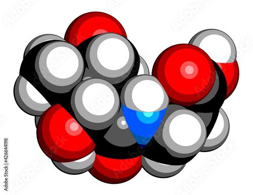 Vitamin B5 (pantothenic acid, pantothenate) molecule. 3D rendering. Atoms are represented as spheres with conventional color coding: hydrogen (white), carbon (black), oxygen (red), nitrogen (blue). photo