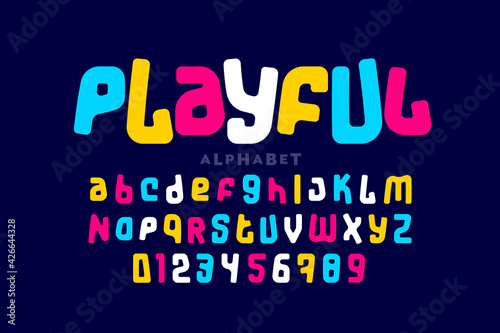 Playful colorful font design, childish alphabet letters and numbers
