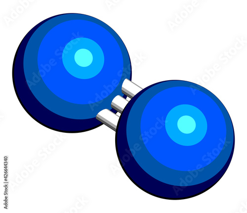 Elemental nitrogen (N2) molecule. Nitrogen gas is the main component of the Earth's atmosphere. 3D rendering. Atoms are represented as spheres with conventional color coding: nitrogen (blue).