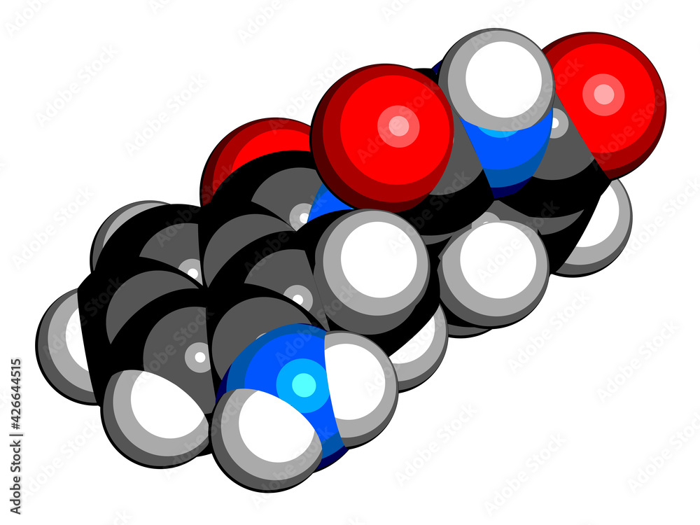 Lenalidomide multiple myeloma drug molecule. 3D rendering. Atoms are represented as spheres with conventional color coding: hydrogen (white), carbon (black), oxygen (red), nitrogen (blue). Lenalidomide multiple myeloma drug molecule. 3D rendering. Atoms are represented as spheres with conventional color coding: hydrogen (white), carbon (black), oxygen (red), nitrogen (blue).