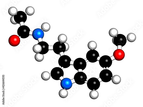 Melatonin hormone molecule. In humans, it plays a role in circadian rhythm synchronization. 3D rendering. Atoms are represented as spheres with conventional color coding