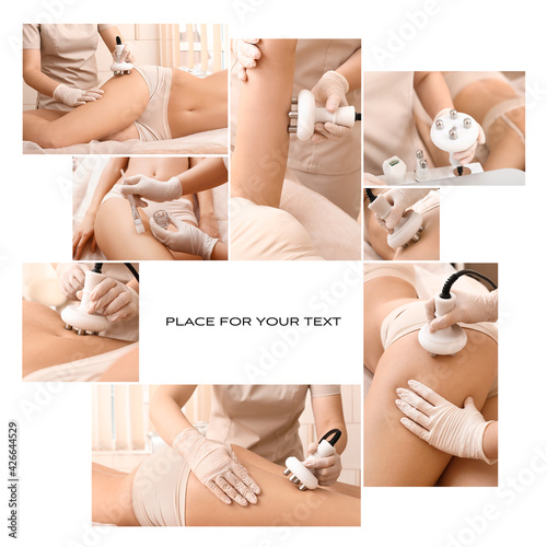 Collage of young woman undergoing procedure of anti-cellulite massage in beauty salon, space for text photo