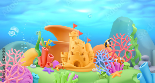 Underwater world panorama landscape. 3d vector cartoon background. Plasticine art illustration