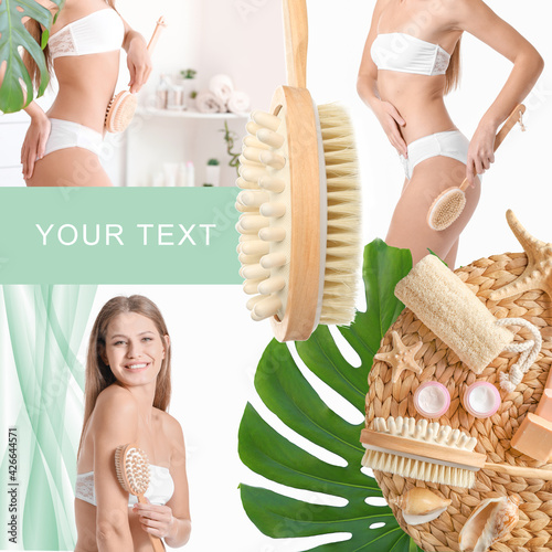 Collage of young women with anticellulite massage brushes photo