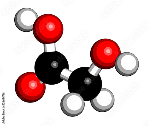 Glycolic acid (hydroacetic acid) molecule. 3D rendering. Atoms are represented as spheres with conventional color coding: hydrogen (white), carbon (black), oxygen (red).