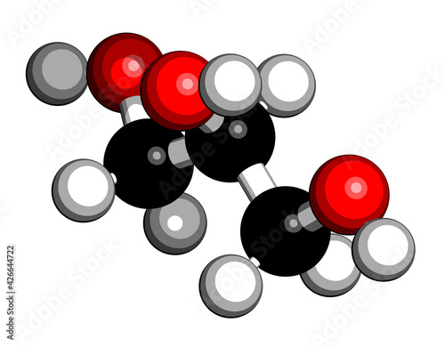 Glycerol (glycerin) molecule. Produced from fat and oil triglycerides. Used as sweetener, solvent and preservative in food and drugs. 3D rendering. Atoms are represented as spheres.