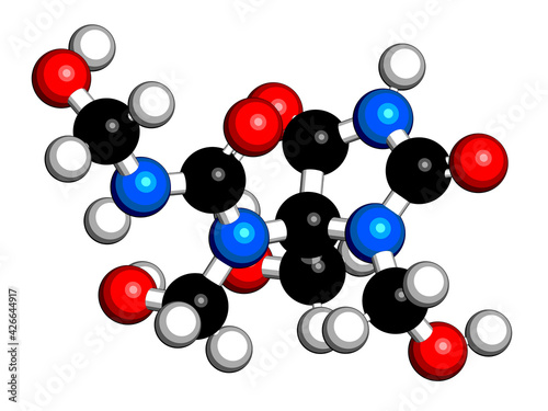 Diazolidinyl urea antimicrobial preservative molecule (formaldehyde releaser). 3D rendering. Atoms are represented as spheres with conventional color coding.