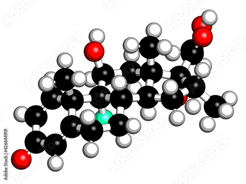 Dexamethasone glucocorticoid drug. Steroid drug with anti-inflammatory and immunosuppressant properties. 3D rendering. Atoms are represented as spheres with conventional color coding