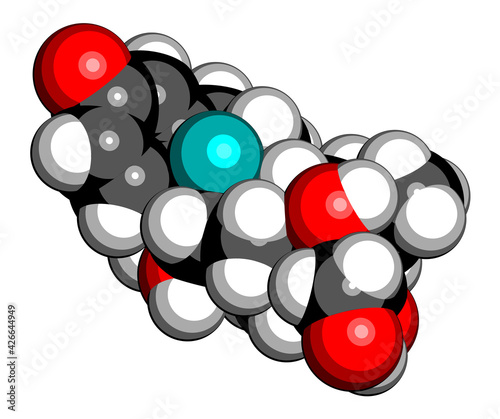 Dexamethasone glucocorticoid drug. Steroid drug with anti-inflammatory and immunosuppressant properties. 3D rendering. Atoms are represented as spheres with conventional color coding