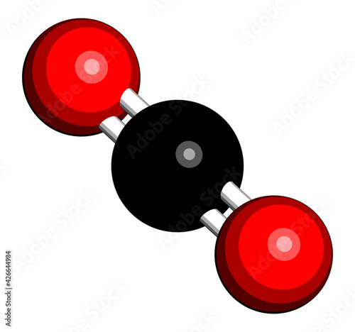 Carbon dioxide (CO2) molecule. Greenhouse gas. 3D rendering. Atoms are represented as spheres with conventional color coding: carbon (black), oxygen (red).