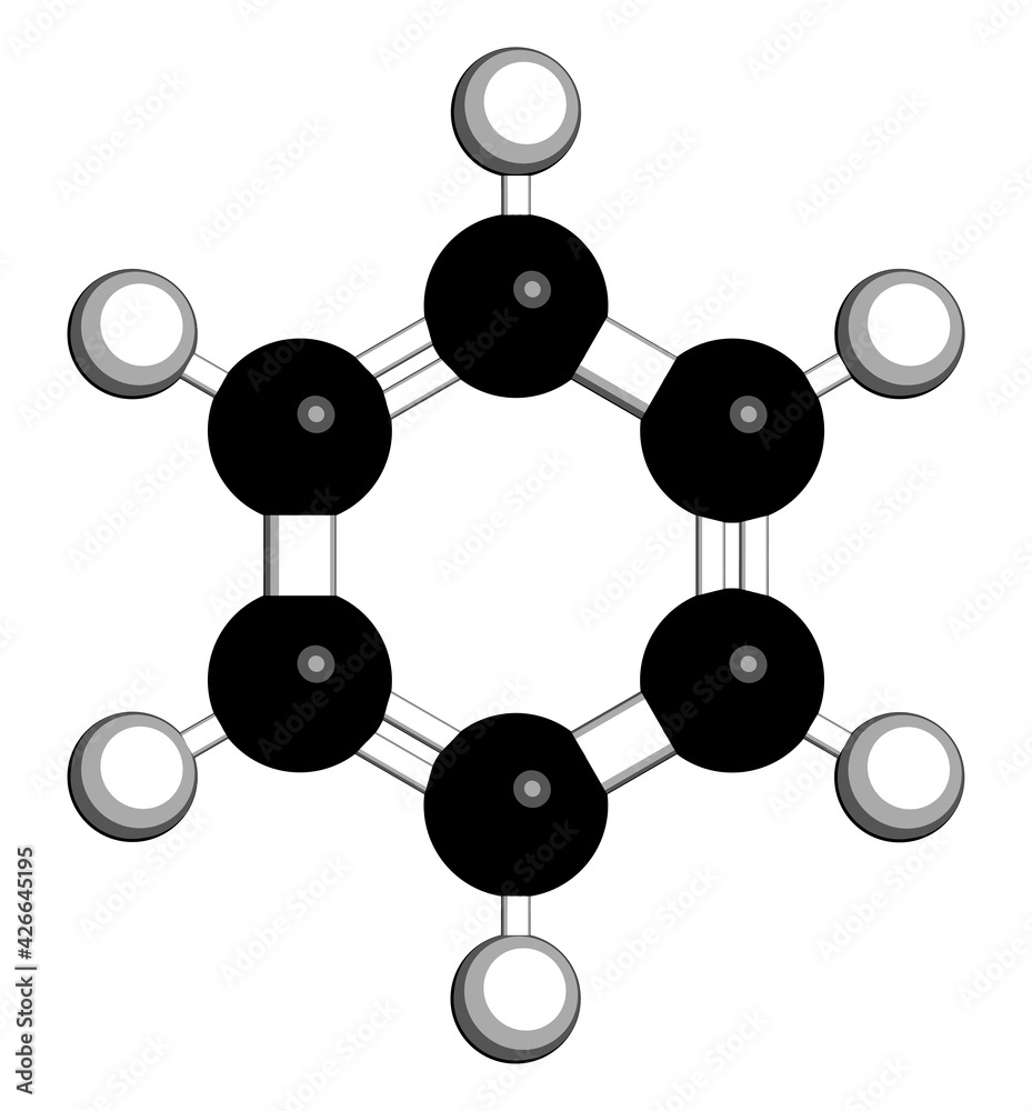 Benzene aromatic hydrocarbon molecule. Important in petrochemistry, component of gasoline. 3D rendering. Atoms are represented as spheres with conventional color coding. Benzene aromatic hydrocarbon molecule. Important in petrochemistry, component of gasoline. 3D rendering. Atoms are represented as spheres with conventional color coding.