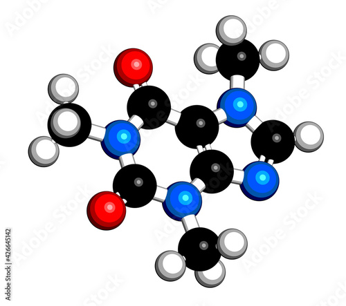 Caffeine stimulant molecule. Present in coffee, tea and many soft and energy drinks. Stylized skeletal formula (chemical structure): Atoms are shown as color-coded circles.
