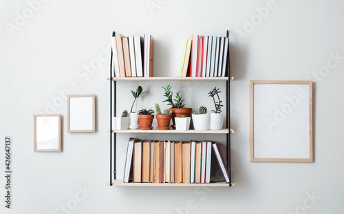 Shelf with books and plants hanging on light wall photo