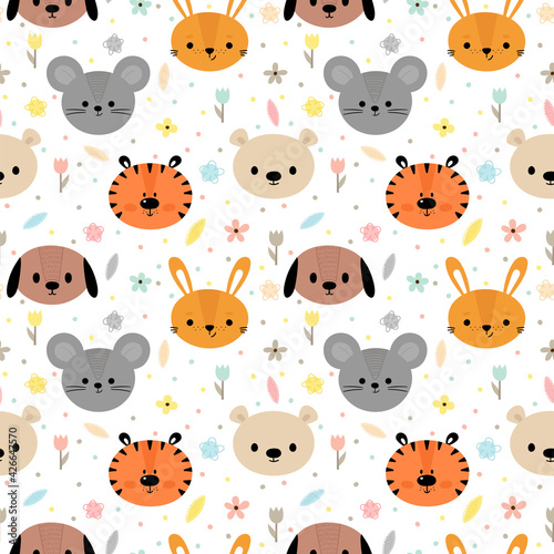 Childish seamless pattern with cute smiley animals. Creative baby texture for fabric  nursery  textile  clothes. Funny floral background