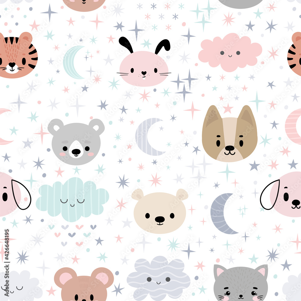 Cute seamless pattern for kids with cartoon little animals. Children  background with moon, stars and clouds. Lovely art print Stock Vector |  Adobe Stock