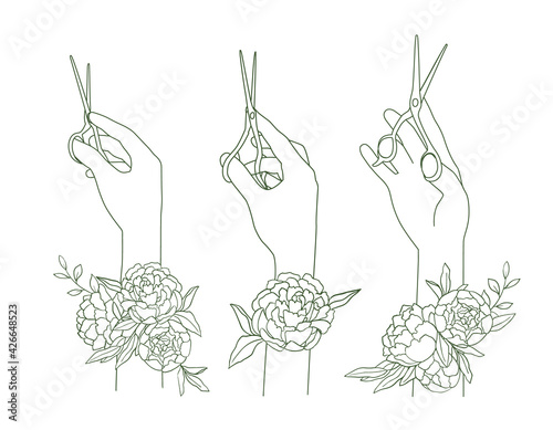 The outline of a pair of scissors in the hairdressers hand and a flower, set. The barber holds the tool in different positions. Sketch, doodle, green line on white background. Hair salon symbol, icon