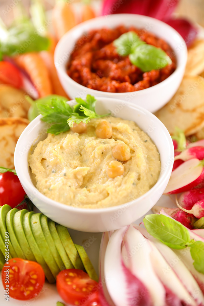 hummus, dips and vegetables- healthy eating snack