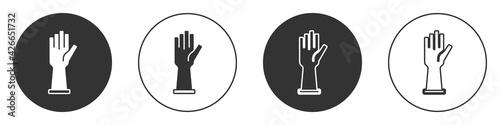 Black Medical rubber gloves icon isolated on white background. Protective rubber gloves. Circle button. Vector