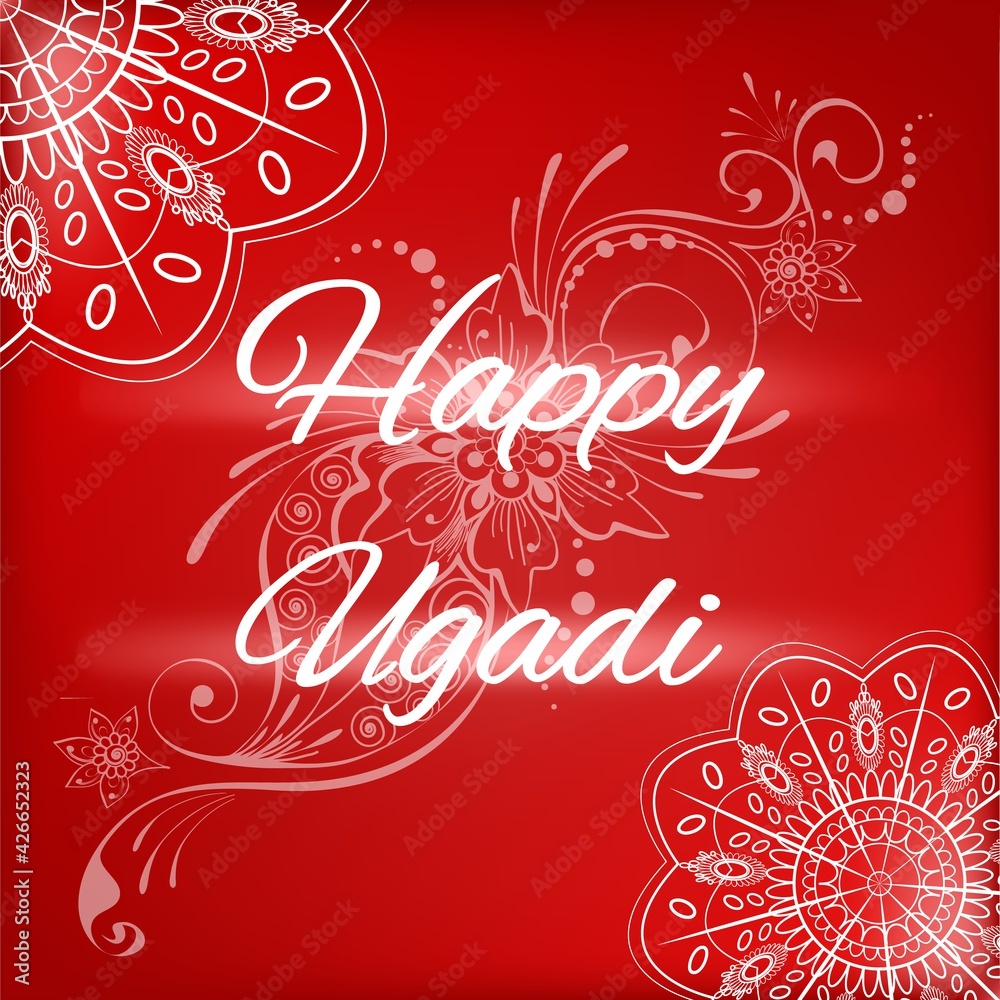 Happy Ugadi, Hindu New Year festival greeting. Ethnic Indian white kolam rangoli style mandalas, floral paisley design on dark-red background for print, card, poster, web Happy Ugadi, Hindu New Year festival greeting. Ethnic Indian white kolam rangoli style mandalas, floral paisley design on dark-red background for print, card, poster, web