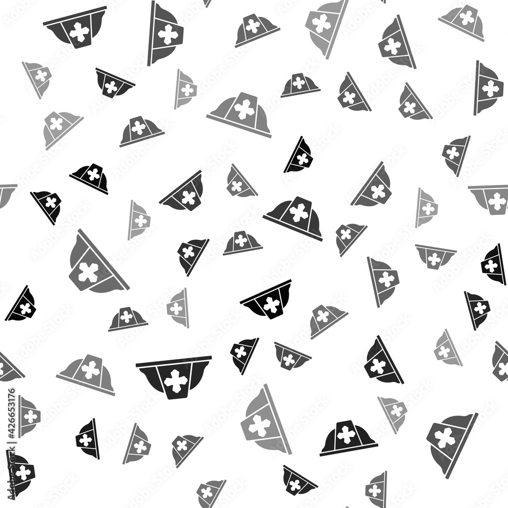 Black Firefighter helmet or fireman hat icon isolated seamless pattern on white background. Vector