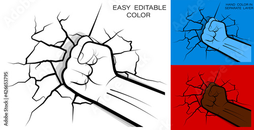 athlete powerful hand clenched into fist hit and shattered the wall. Cracks and fractures on wall from strong hand blow. Vector