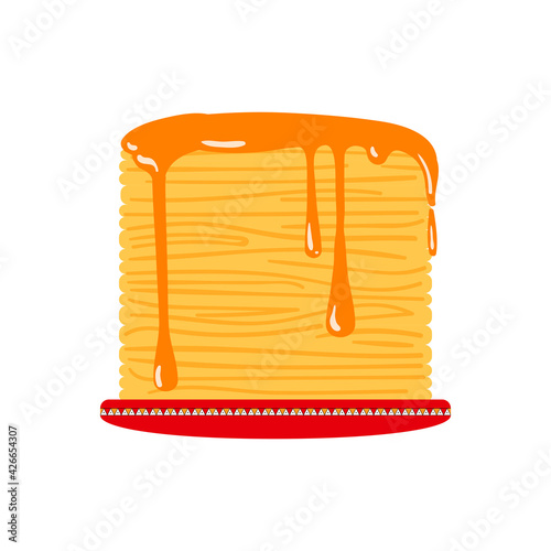 A large stack of Russian pancakes with jam or caramel. A traditional dish of Russian cuisine. The concept of celebrating Maslenitsa. Vector stock hand-drawn illustration isolated on a white background