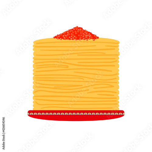 A large stack of Russian pancakes with red caviar. A traditional dish of Russian cuisine. The concept of celebrating Maslenitsa. Vector stock hand-drawn illustration isolated on a white background.