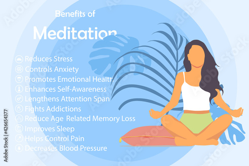 Meditation health benefits for body, mind and emotions, vector infographic with icons set