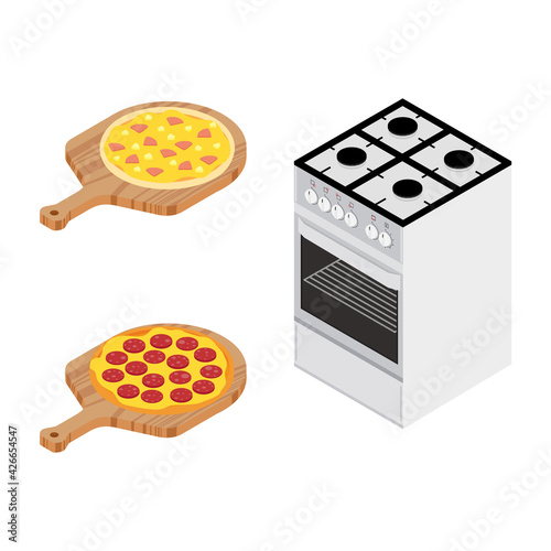 Italian different pizzas cooked in oven. Salami and hawaiian pizza for restaurants, pizzerias