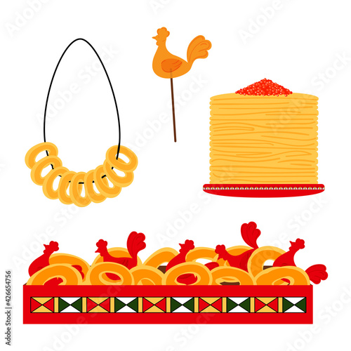 Russian traditional treats - bagels, lollipop in the shape of a rooster, Pancakes with caviar. The concept of celebrating Maslenitsa. Vector stock hand drawn illustration isolated on white background