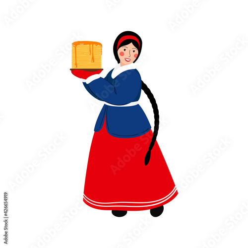 Russian woman with pancakes in her hands. The concept of celebrating Maslenitsa. Vector stock hand drawn illustration isolated on a white background