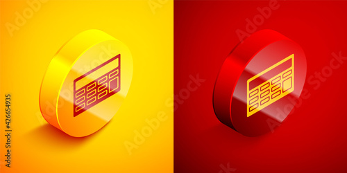 Isometric Calculator icon isolated on orange and red background. Accounting symbol. Business calculations mathematics education and finance. Circle button. Vector