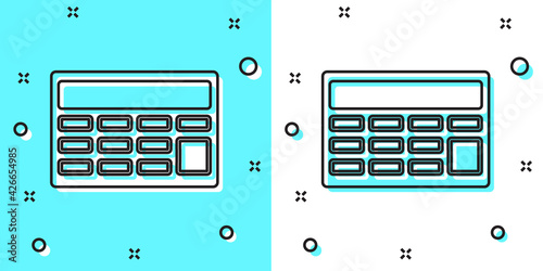 Black line Calculator icon isolated on green and white background. Accounting symbol. Business calculations mathematics education and finance. Random dynamic shapes. Vector
