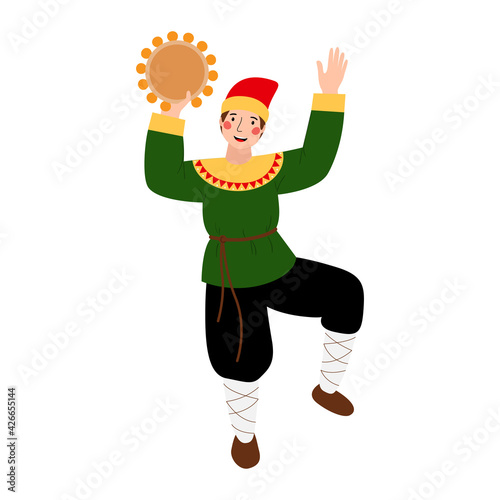 A young man in a traditional Russian folk costume, with a tambourine in his hands. The concept of celebrating Maslenitsa. Vector stock hand drawn illustration isolated on a white background