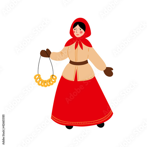A woman in a traditional Russian costume with bagels in her hands. The concept of celebrating Maslenitsa. Vector stock hand drawn illustration isolated on a white background