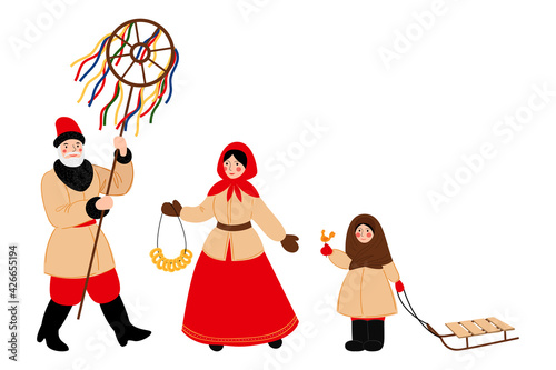 A family in traditional Russian clothing - a man, a woman and a child. The concept of celebrating Maslenitsa. Vector stock hand drawn illustration isolated on a white background