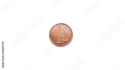 Photography 1981 Singapore 1 Cent Coin Front Side Isolated on White Background