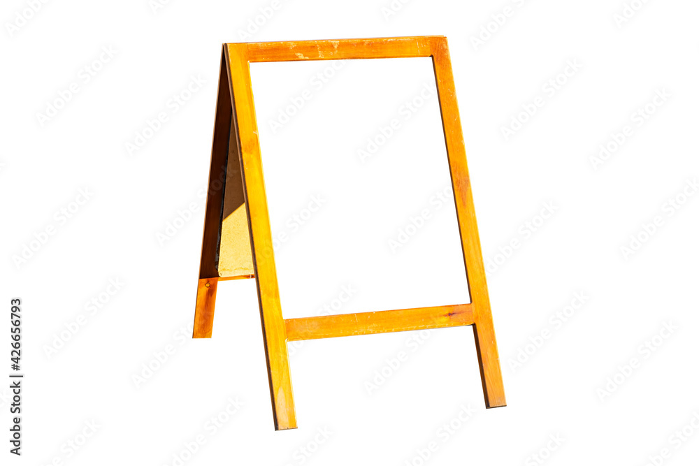 Billboard with empty white space for text, wooden frame for menu, advertising on a sunny spring day, isolated on a white background, Billboard with empty white space for text, wooden frame for menu, advertising on a sunny spring day, isolated on a white background,
