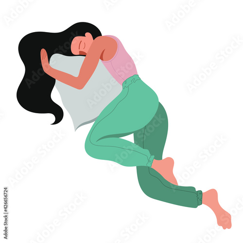 vector flat design illustration of a soundly sleeping girl in an embrace with a pillow with fluffy hair in pastel colors isolated on white background.can be used as an advertisement for sleep products
