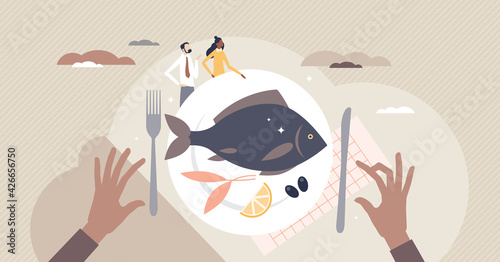 Fish food restaurant and seafood kitchen product menu tiny person concept