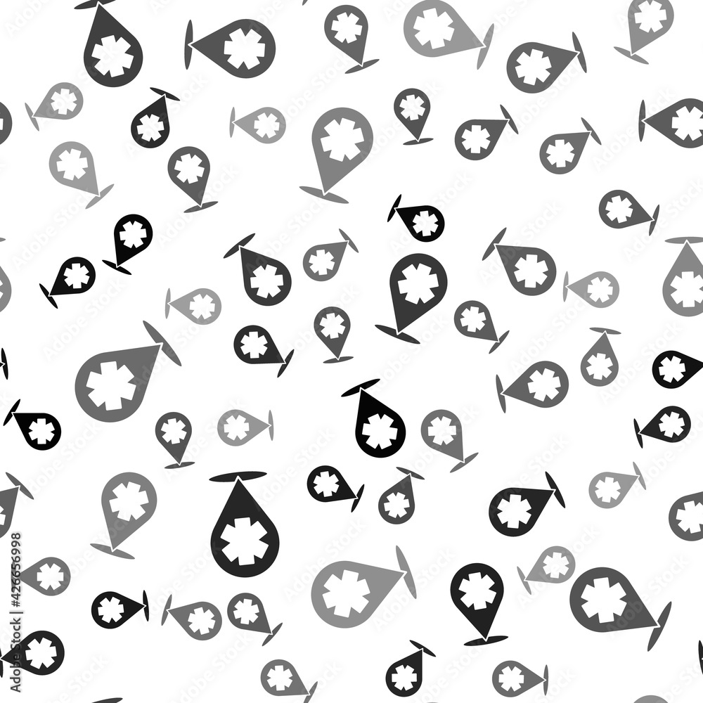 Black Medical map pointer with cross hospital icon isolated seamless pattern on white background. Vector Black Medical map pointer with cross hospital icon isolated seamless pattern on white background. Vector