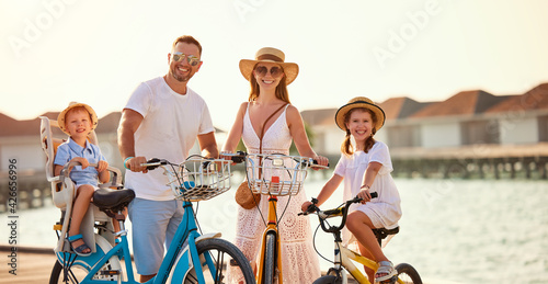 Fotografie Joyful family riding bicycles along wooden promenade