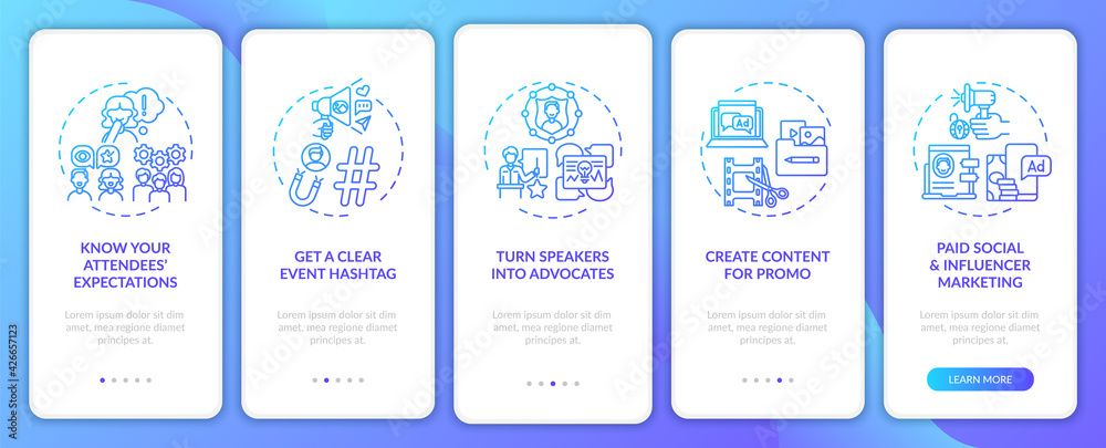 Distant event marketing tips onboarding mobile app page screen with concepts. Paid influence, tag walkthrough 5 steps graphic instructions. UI, UX, GUI vector template with linear color illustrations