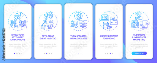 Distant event marketing tips onboarding mobile app page screen with concepts. Paid influence, tag walkthrough 5 steps graphic instructions. UI, UX, GUI vector template with linear color illustrations